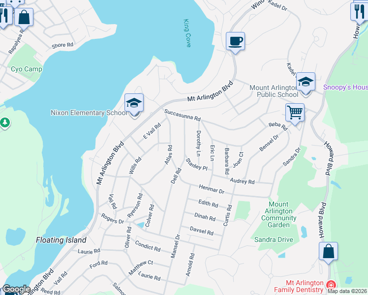 map of restaurants, bars, coffee shops, grocery stores, and more near 573 Dell Road in Roxbury Township