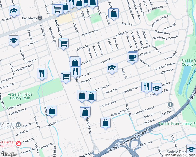 map of restaurants, bars, coffee shops, grocery stores, and more near 258 Hayes Drive in Saddle Brook