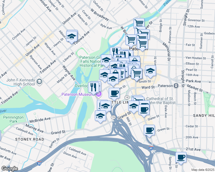 map of restaurants, bars, coffee shops, grocery stores, and more near 19 Market Street in Paterson