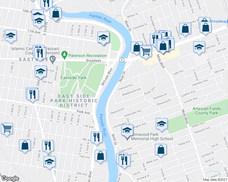 map of restaurants, bars, coffee shops, grocery stores, and more near 1 Linwood Avenue in Elmwood Park