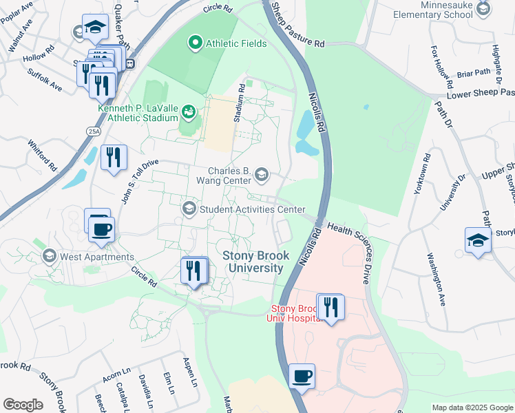 map of restaurants, bars, coffee shops, grocery stores, and more near 100 Nicolls Road in Stony Brook