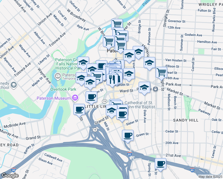 map of restaurants, bars, coffee shops, grocery stores, and more near 282 Main Street in Paterson