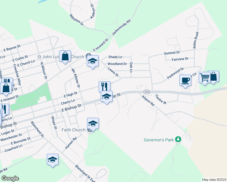map of restaurants, bars, coffee shops, grocery stores, and more near 900 East High Street in Bellefonte