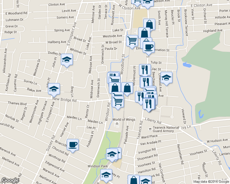 map of restaurants, bars, coffee shops, grocery stores, and more near 170 Woodbine Street in Bergenfield