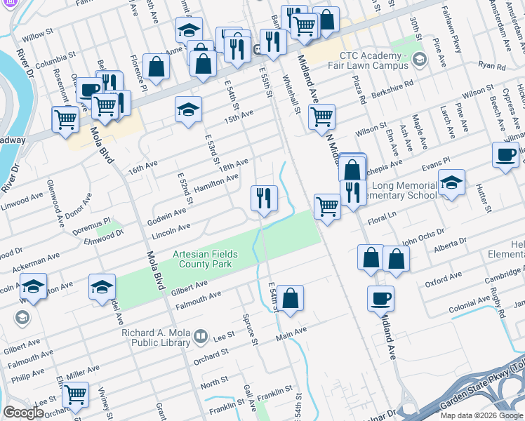 map of restaurants, bars, coffee shops, grocery stores, and more near 153 East 54th Street in Elmwood Park