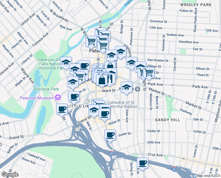 map of restaurants, bars, coffee shops, grocery stores, and more near 29 Hamilton Street in Paterson
