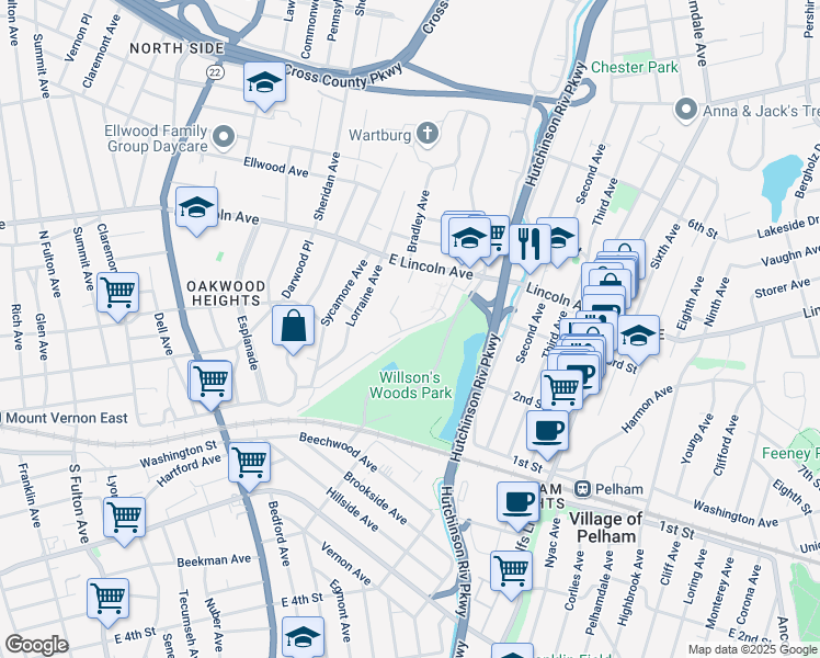 map of restaurants, bars, coffee shops, grocery stores, and more near 173 Oak Street in Mount Vernon