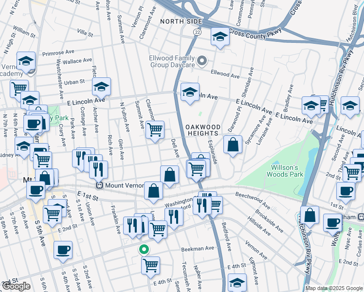 map of restaurants, bars, coffee shops, grocery stores, and more near 120 North Columbus Avenue in Mount Vernon
