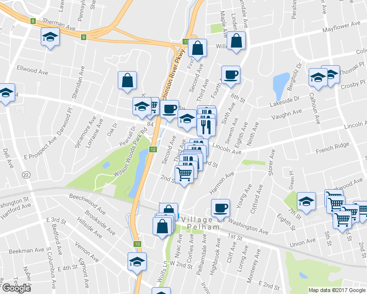map of restaurants, bars, coffee shops, grocery stores, and more near 208 Third Avenue in Village of Pelham