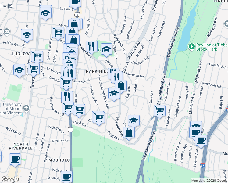 map of restaurants, bars, coffee shops, grocery stores, and more near in Yonkers