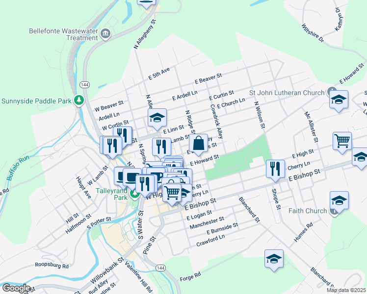 map of restaurants, bars, coffee shops, grocery stores, and more near 246 North Penn Street in Bellefonte