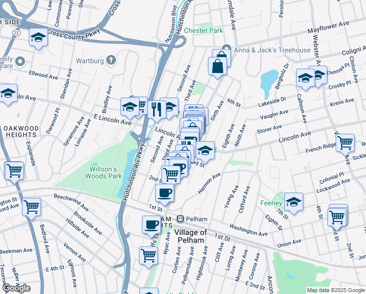 map of restaurants, bars, coffee shops, grocery stores, and more near 70 Lincoln Avenue in Village of Pelham