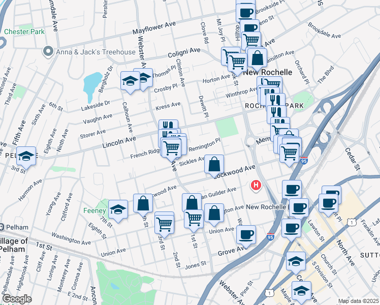 map of restaurants, bars, coffee shops, grocery stores, and more near 22 Winyah Terrace in New Rochelle
