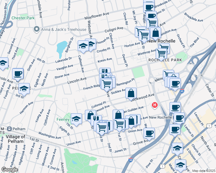 map of restaurants, bars, coffee shops, grocery stores, and more near 135 Remington Place in New Rochelle