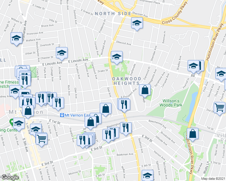 map of restaurants, bars, coffee shops, grocery stores, and more near 326 East Sidney Avenue in Mount Vernon