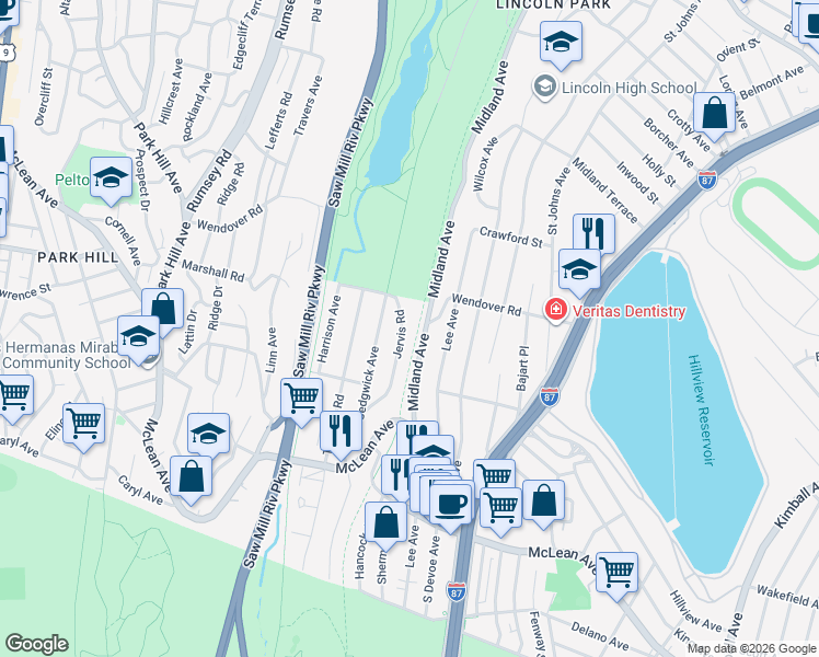 map of restaurants, bars, coffee shops, grocery stores, and more near 106 Midland Avenue in Yonkers