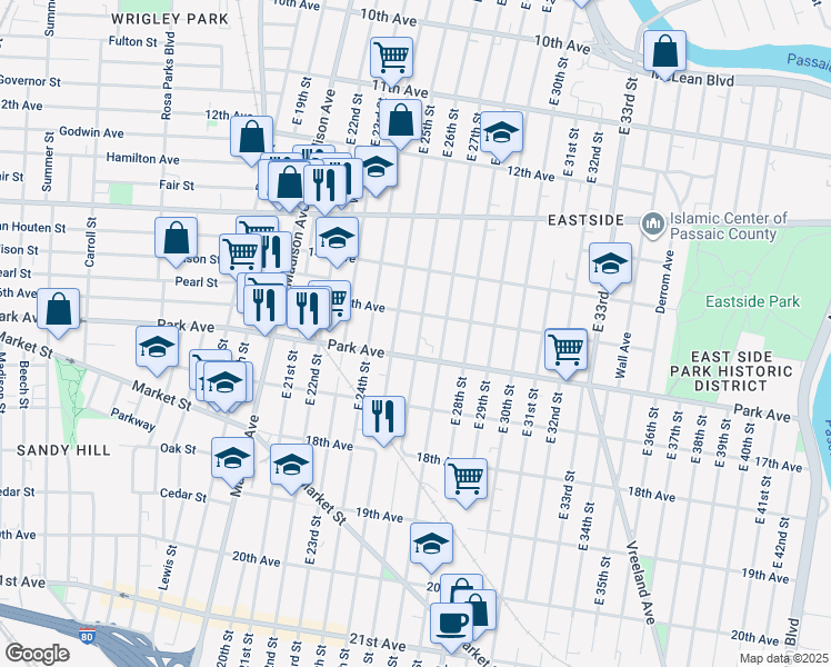 map of restaurants, bars, coffee shops, grocery stores, and more near 360 15th Avenue in Paterson