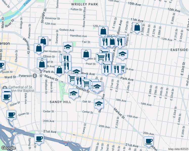 map of restaurants, bars, coffee shops, grocery stores, and more near 230 16th Avenue in Paterson