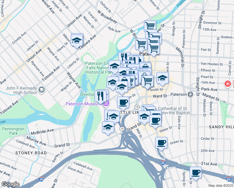 map of restaurants, bars, coffee shops, grocery stores, and more near 111 Jersey Street in Paterson