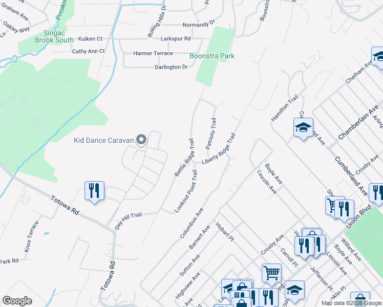 map of restaurants, bars, coffee shops, grocery stores, and more near 30 Battle Ridge Trail in Totowa