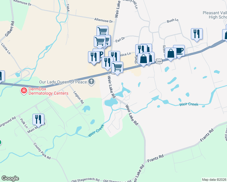map of restaurants, bars, coffee shops, grocery stores, and more near Indian Mountain Lks in Brodheadsville