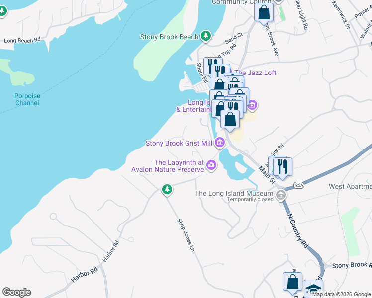 map of restaurants, bars, coffee shops, grocery stores, and more near 7 Emmet Drive in Stony Brook