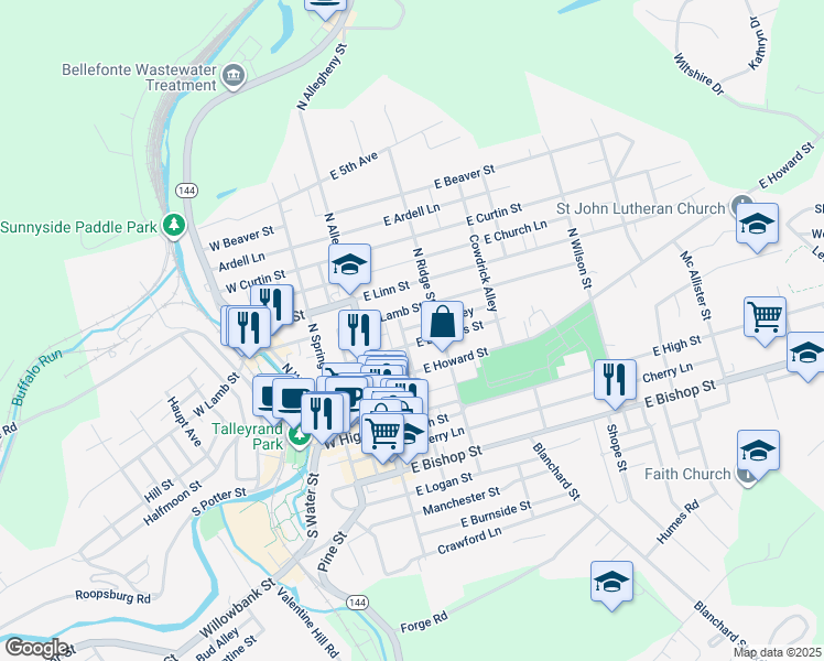 map of restaurants, bars, coffee shops, grocery stores, and more near 246 North Penn Street in Bellefonte