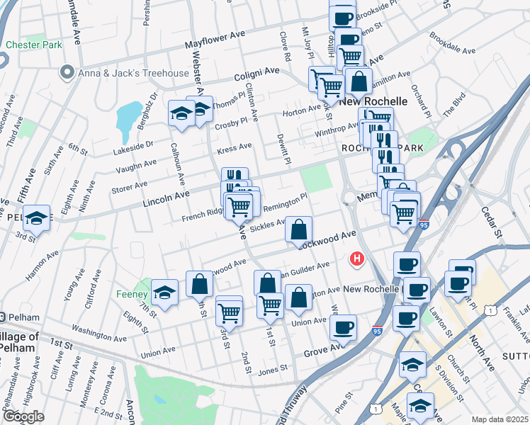 map of restaurants, bars, coffee shops, grocery stores, and more near 22 Winyah Terrace in New Rochelle
