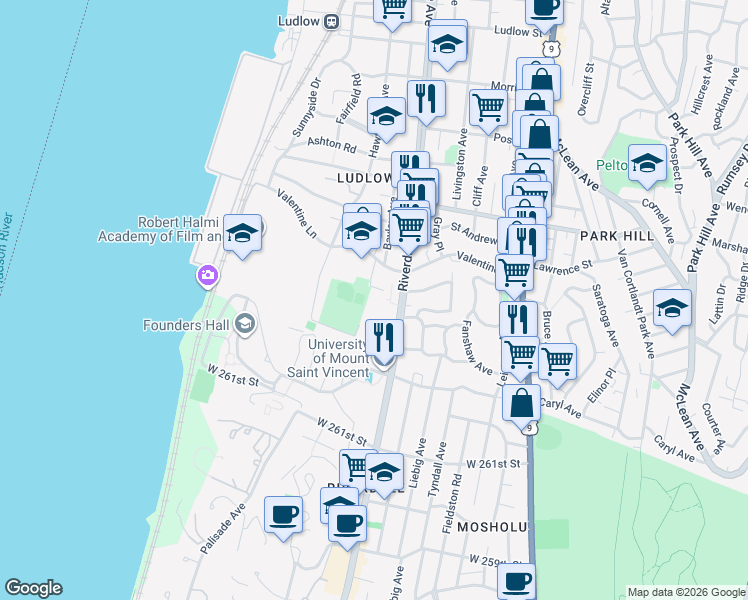 map of restaurants, bars, coffee shops, grocery stores, and more near 29 Abeel Street in Yonkers
