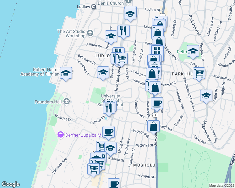 map of restaurants, bars, coffee shops, grocery stores, and more near 500 Riverdale Avenue in Yonkers