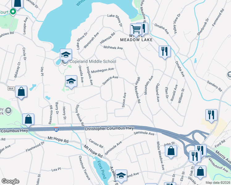 map of restaurants, bars, coffee shops, grocery stores, and more near 15 Nokomis Avenue in Rockaway