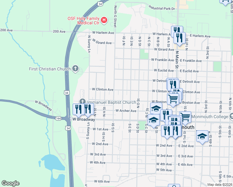 map of restaurants, bars, coffee shops, grocery stores, and more near 400-498 N G St in Monmouth