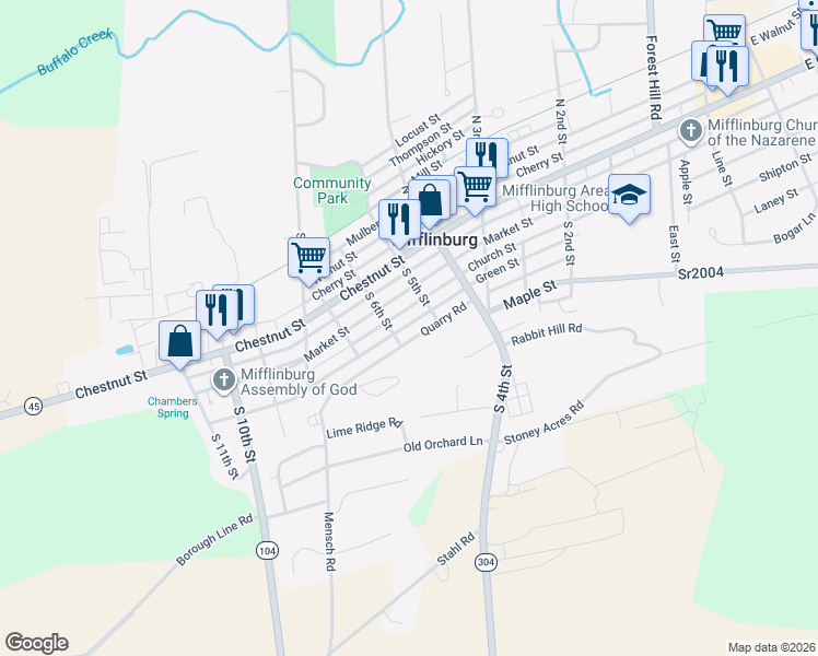 map of restaurants, bars, coffee shops, grocery stores, and more near 523 Green Street in Mifflinburg