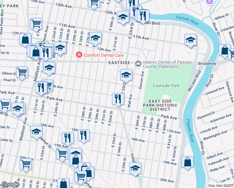 map of restaurants, bars, coffee shops, grocery stores, and more near 272 East 32nd Street in Paterson