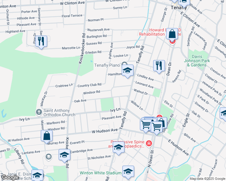 map of restaurants, bars, coffee shops, grocery stores, and more near 17 Harsen Road in Tenafly