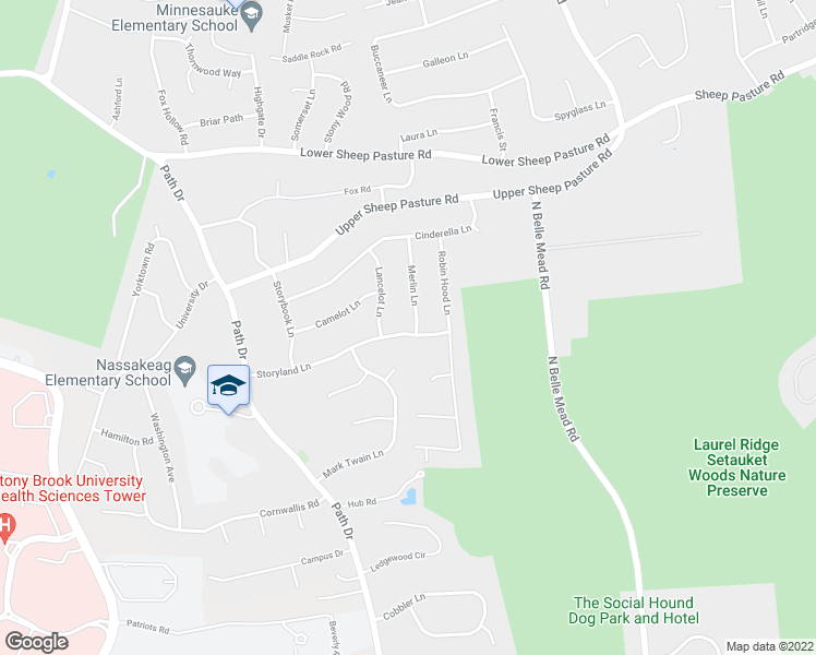 map of restaurants, bars, coffee shops, grocery stores, and more near 16 Merlin Lane in Setauket- East Setauket