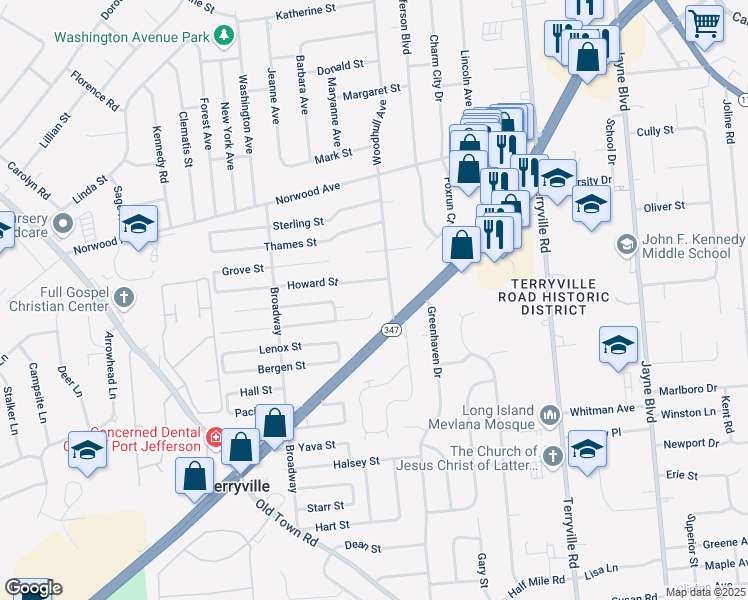 map of restaurants, bars, coffee shops, grocery stores, and more near 122 Howard Street in Port Jefferson Station