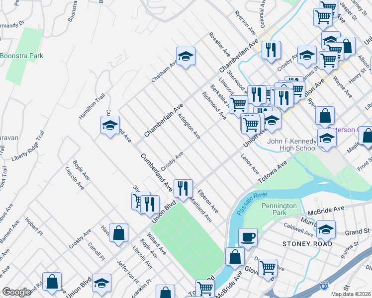 map of restaurants, bars, coffee shops, grocery stores, and more near 85 Crosby Avenue in Paterson