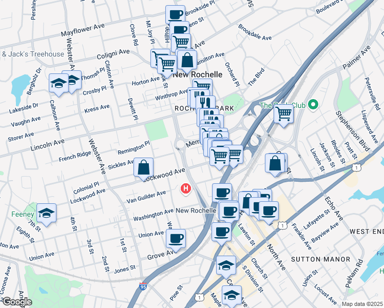 map of restaurants, bars, coffee shops, grocery stores, and more near 20 Sickles Avenue in New Rochelle