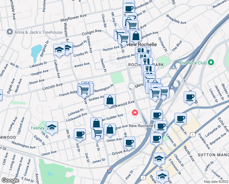 map of restaurants, bars, coffee shops, grocery stores, and more near 17 Prince Street in New Rochelle