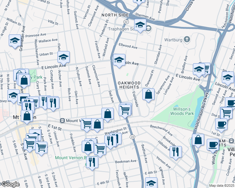 map of restaurants, bars, coffee shops, grocery stores, and more near 326 East Sidney Avenue in Mount Vernon