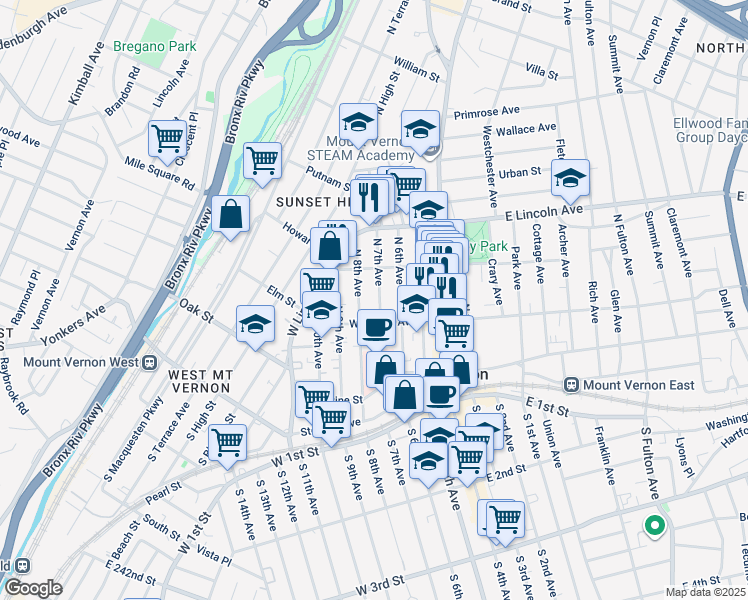 map of restaurants, bars, coffee shops, grocery stores, and more near 136 North 7th Avenue in Mount Vernon
