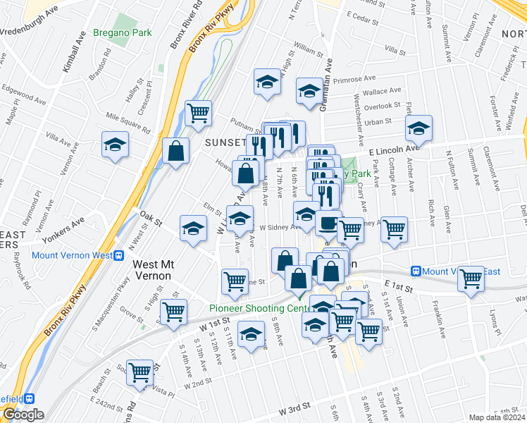 map of restaurants, bars, coffee shops, grocery stores, and more near 136 North 7th Avenue in Mount Vernon