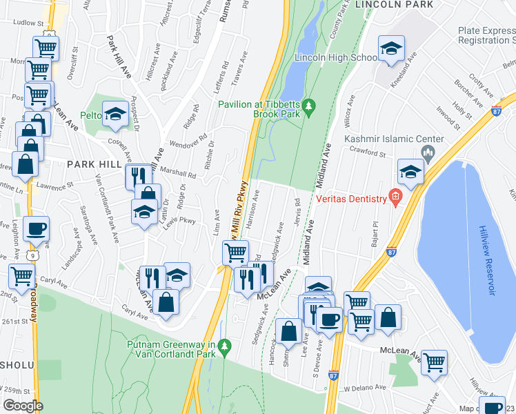 map of restaurants, bars, coffee shops, grocery stores, and more near 136 Harrison Avenue in Yonkers