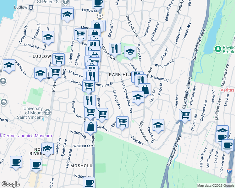 map of restaurants, bars, coffee shops, grocery stores, and more near 497 Van Cortlandt Park Avenue in Yonkers