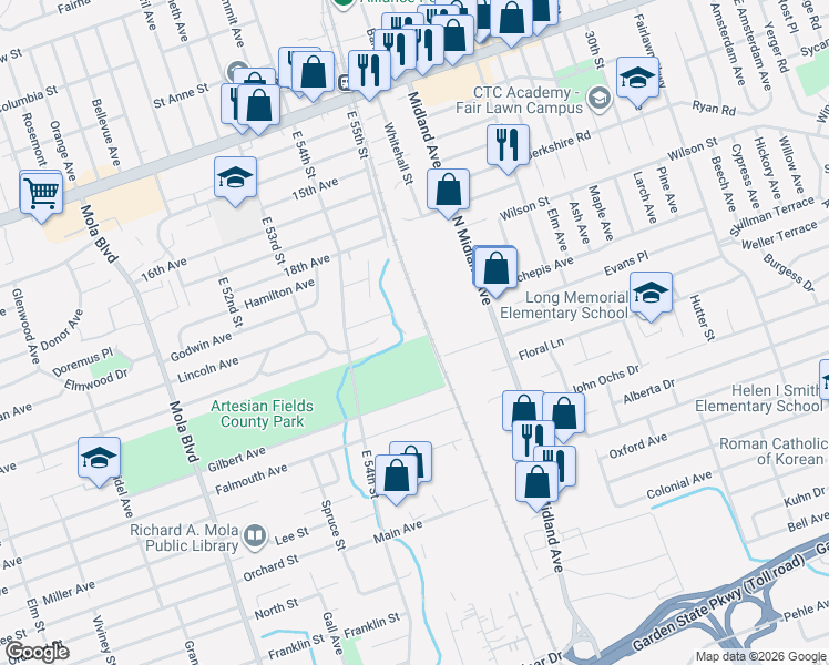 map of restaurants, bars, coffee shops, grocery stores, and more near 33 Dapp Court in Elmwood Park