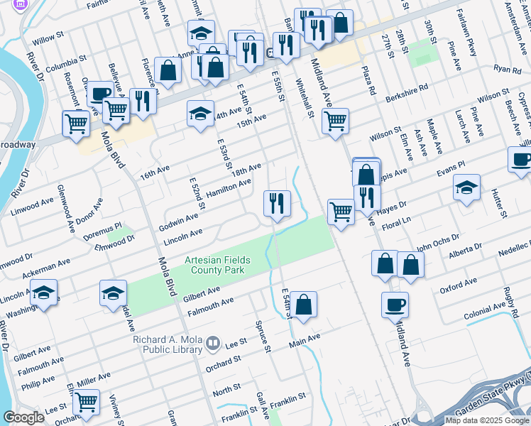 map of restaurants, bars, coffee shops, grocery stores, and more near 153 East 54th Street in Elmwood Park