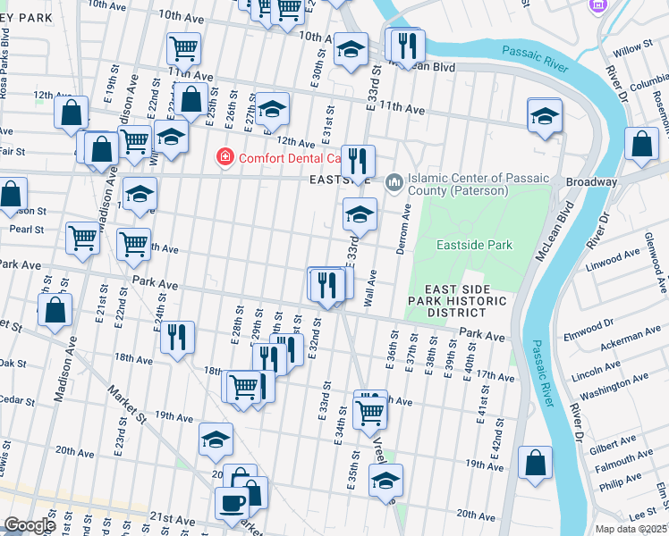 map of restaurants, bars, coffee shops, grocery stores, and more near 272 East 32nd Street in Paterson