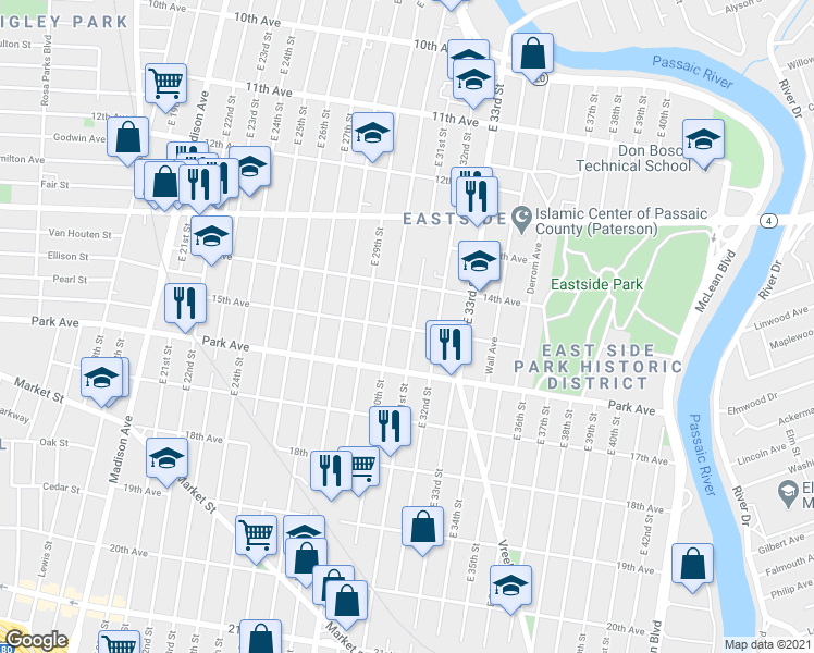 map of restaurants, bars, coffee shops, grocery stores, and more near 327 East 30th Street in Paterson