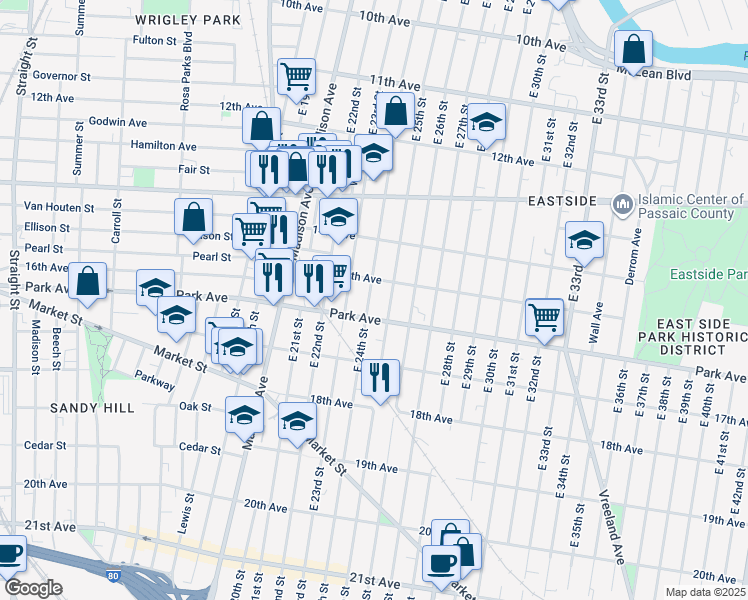 map of restaurants, bars, coffee shops, grocery stores, and more near 324 15th Avenue in Paterson